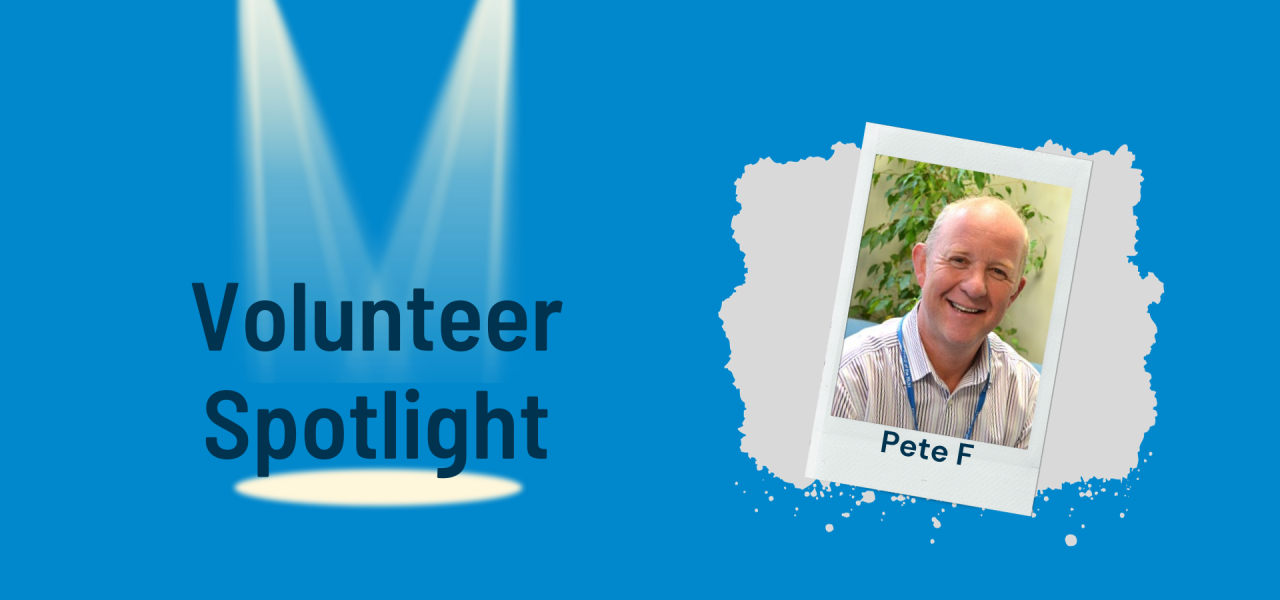 A banner containing the words volunteer spotlight on a blue background with a photo of Pete.