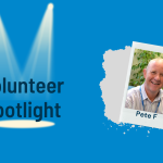 A banner containing the words volunteer spotlight on a blue background with a photo of Pete.