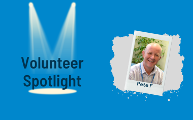 A banner containing the words volunteer spotlight on a blue background with a photo of Pete.